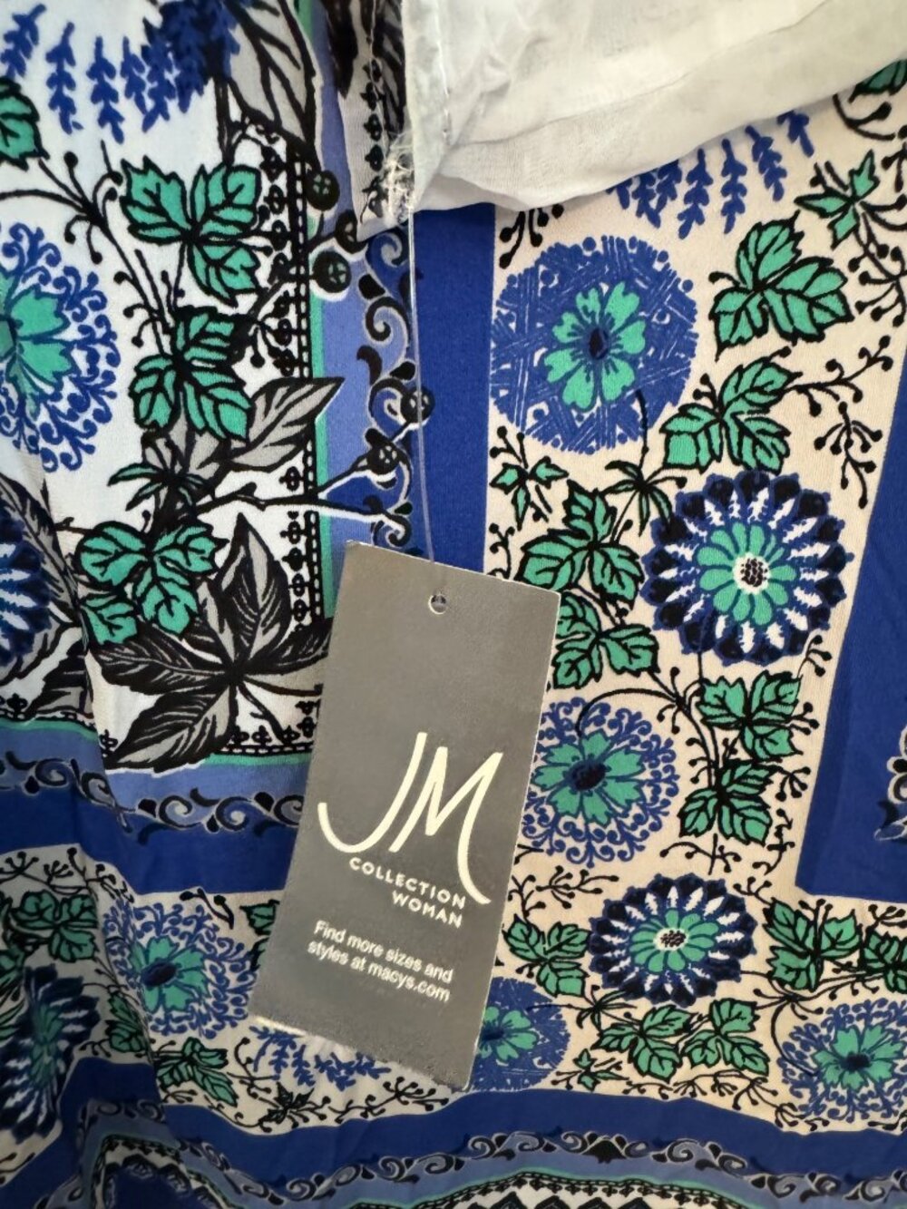 JM Collection Womens 1X White Blue & Green Floral Print Sheer Sleeve Top - Picture 3 of 5